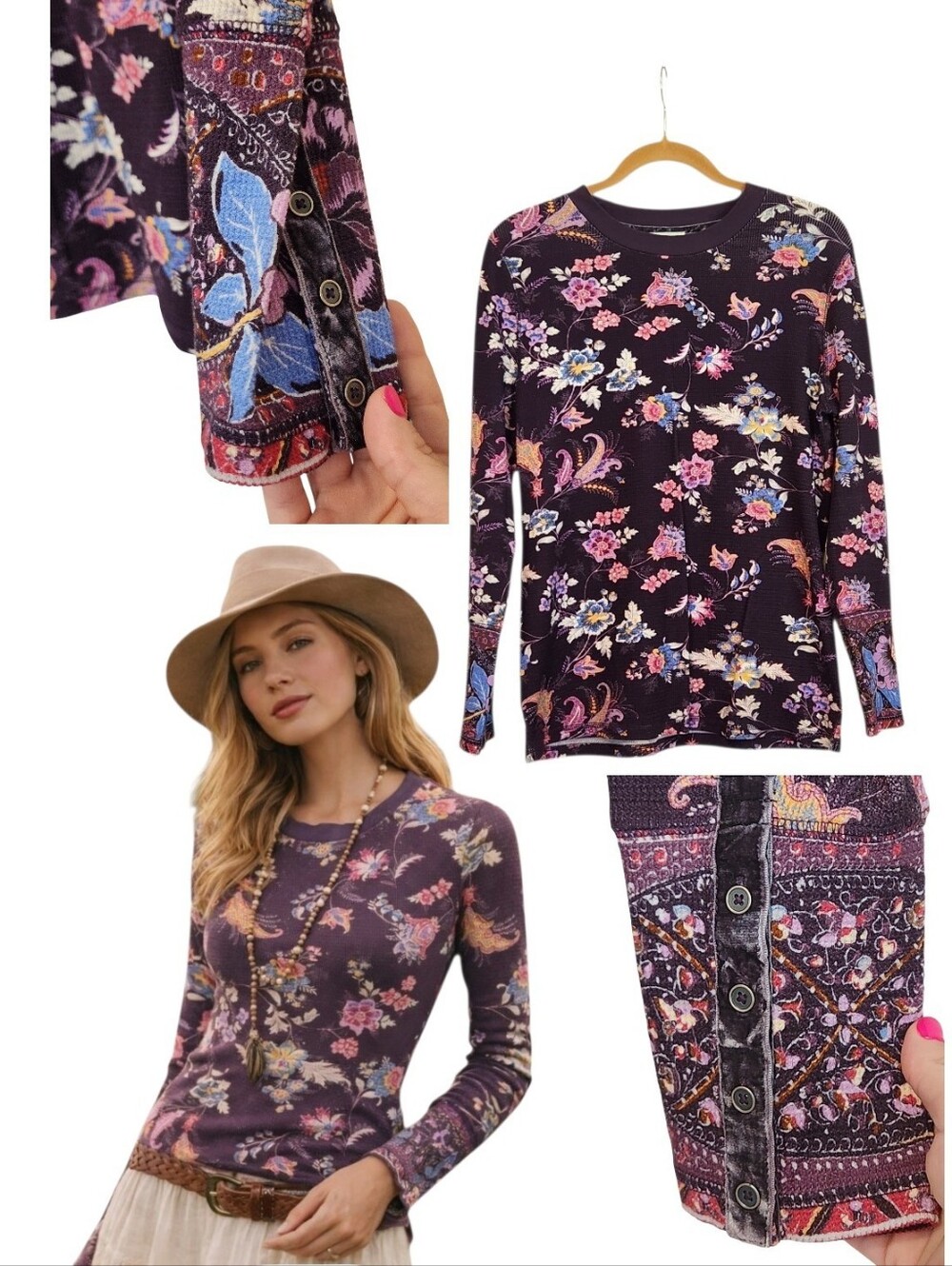 Sundance Purple Floral Waffle Knit Thermal Top XL Velvet Cuff Boho Long Sleeve